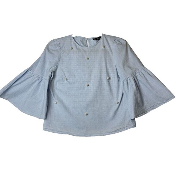 2/$30 Zara Chambray Oversized Top XS Bell Sleeve Pearls Quiet Luxury Clean Girl - Picture 1 of 7